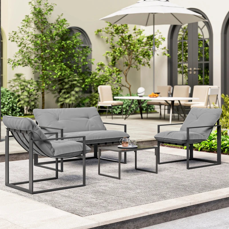 4 Piece Outdoor Furniture Set, Patio Conversation Set with Tempered Glass Table, Loveseat, Chairs, Cushions, Light Grey