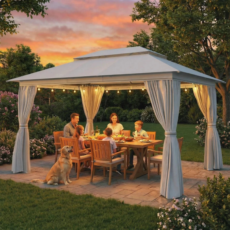 10' x 13' Patio Gazebo, UPF50+ Double Roof Outdoor Gazebo Canopy with Netting and Curtains, Steel Frame, Dark Grey