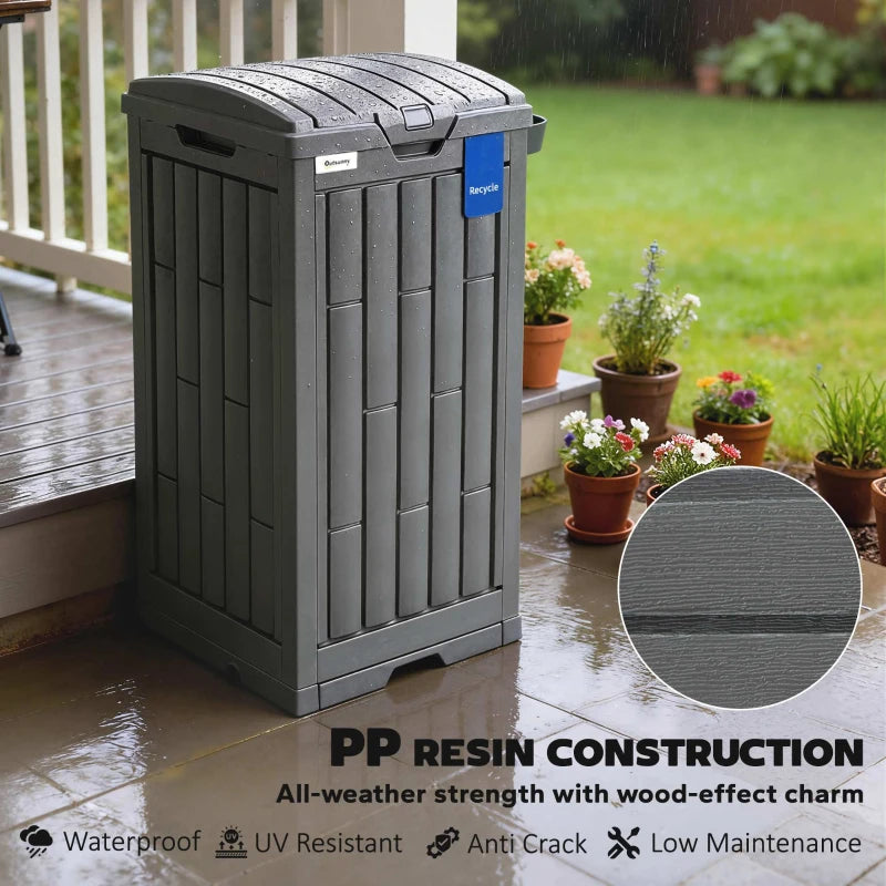 29 Gallon Outdoor Garbage Bin with Dual Lid, Plastic Outdoor Waste Trash Can with Side Holder and Drip Tray, Grey
