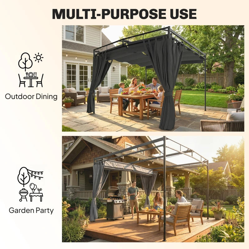 10' x 10' Retractable Pergola Canopy, Outdoor Pergola with Curtains, Metal Garden Gazebo Sun Shade Shelter for Patio
