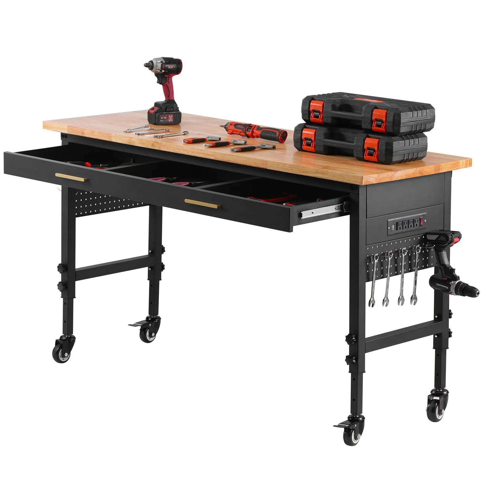 VEVOR 60" Workbench on Wheels Adjustable Height Table with Power Outlet & Drawer