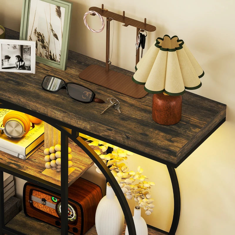 4-Tier Entryway Table with Charging Station LED Lights 39" Console Table with Circle Base for Living Room, Rustic Brown