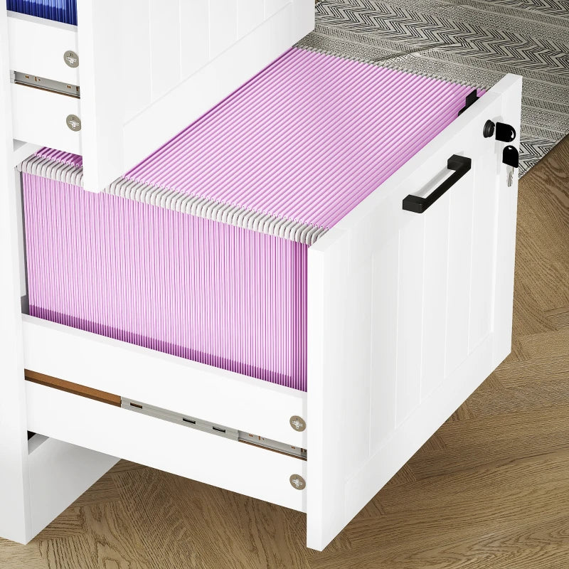 2 Drawer Filing Cabinet with Lock, Office Storage Cabinet with Adjustable Hanging Bars for A4 Letter Size Files, White