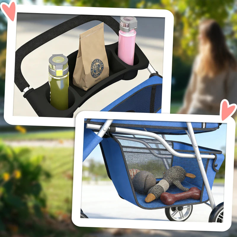 3 Wheels Foldable Dog Stroller with Storage Basket, Adjustable Canopy, Cupholder for Miniature and Small Dogs, Blue