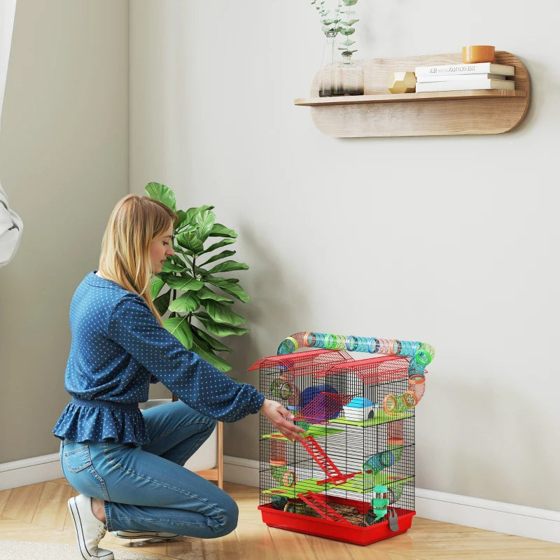 18.5" Hamster Cage, 5 Tiers Small Animal House with Tunnel Tube System, Exercise Wheel, Water Bottle, Red