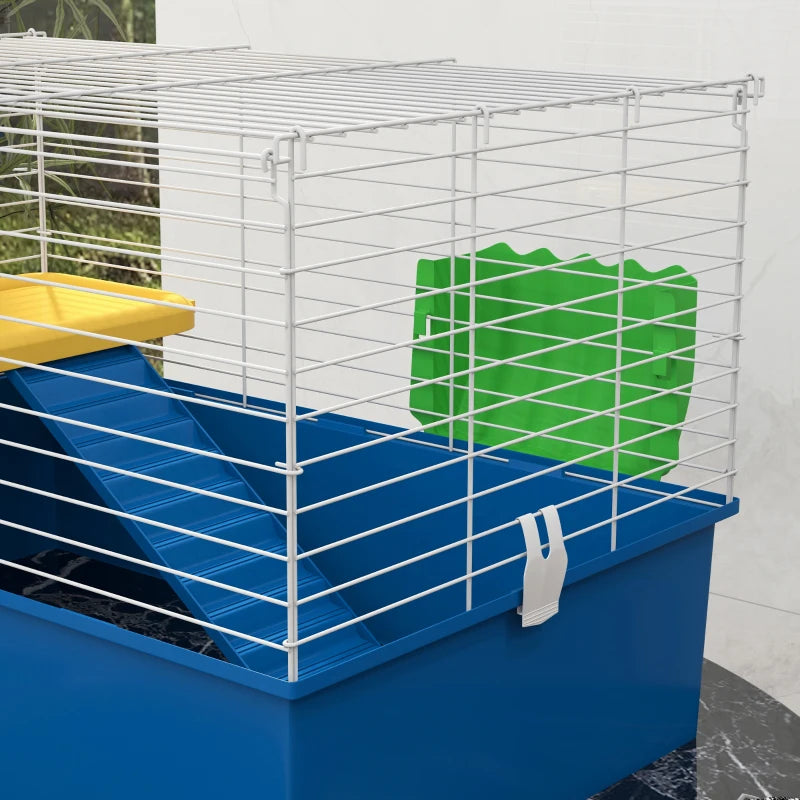 18.5" Small Animal Cage with Water Bottle, Food Dish, Platform, Ramp, Blue