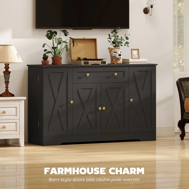 Sideboard Buffet Cabinet, Farmhouse Coffee Bar Cabinet with Door Shelves, Adjustable Shelves, Drawer, Barn Doors, Black