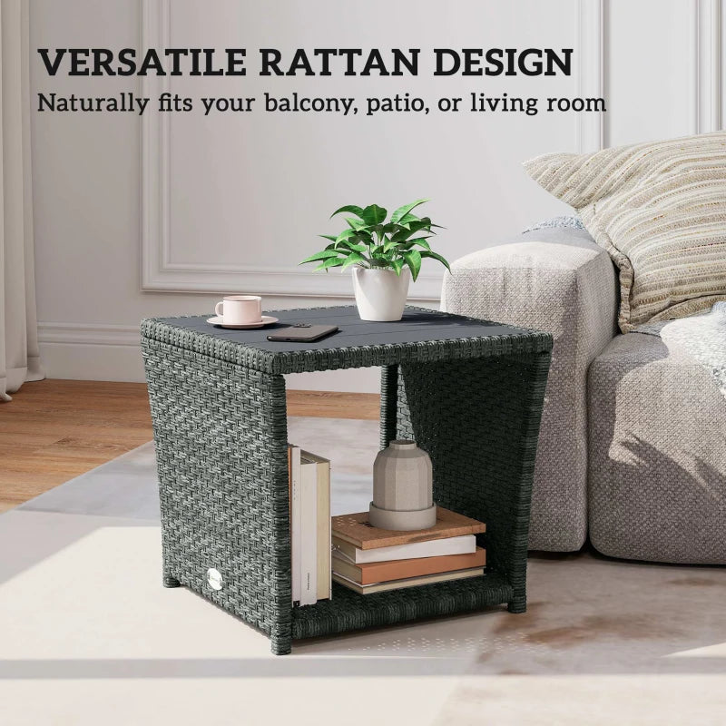 17.7" Wicker Side Table with Storage Shelf, Square PE Rattan Outdoor End Table with PS Wood Slat Top, Grey