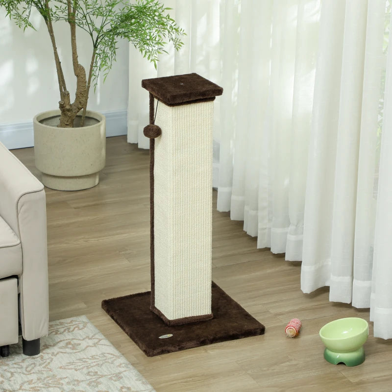 32" Tall Cat Scratching Post for Indoor Cats and Kittens, Sisal Cat Scratcher with Hanging Ball Soft Plush, Brown