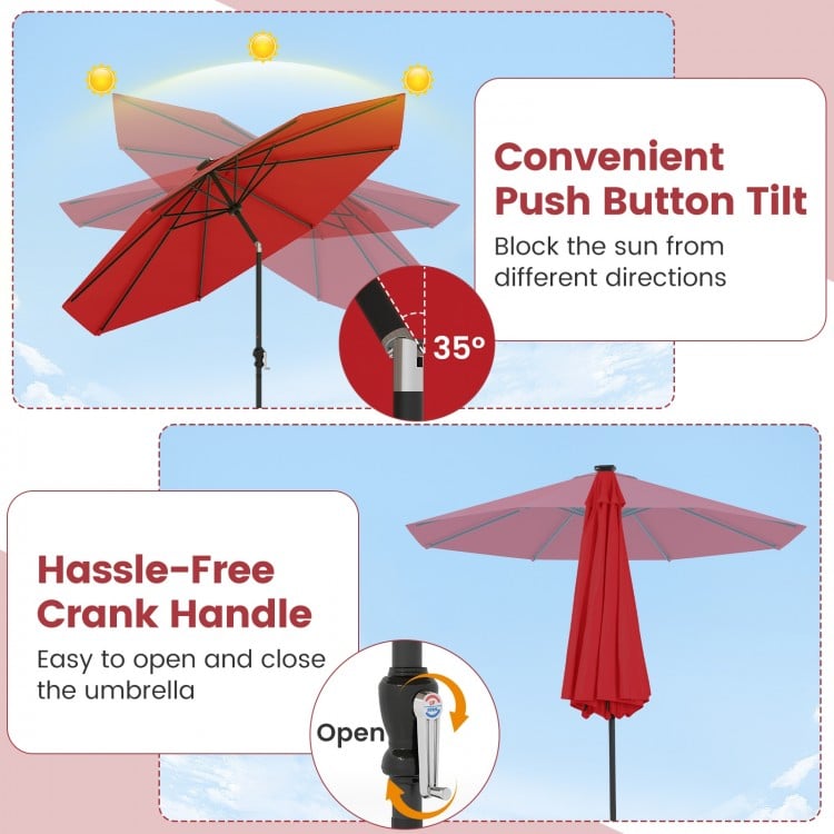 10 Feet Solar Patio Umbrella with 96 Multi-Colored Flowing LED Lights and Tilt Adjustment-Red