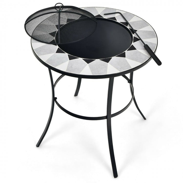 23.5 Inches Round Fire Pit Table with Mesh Cover and Fire Poker