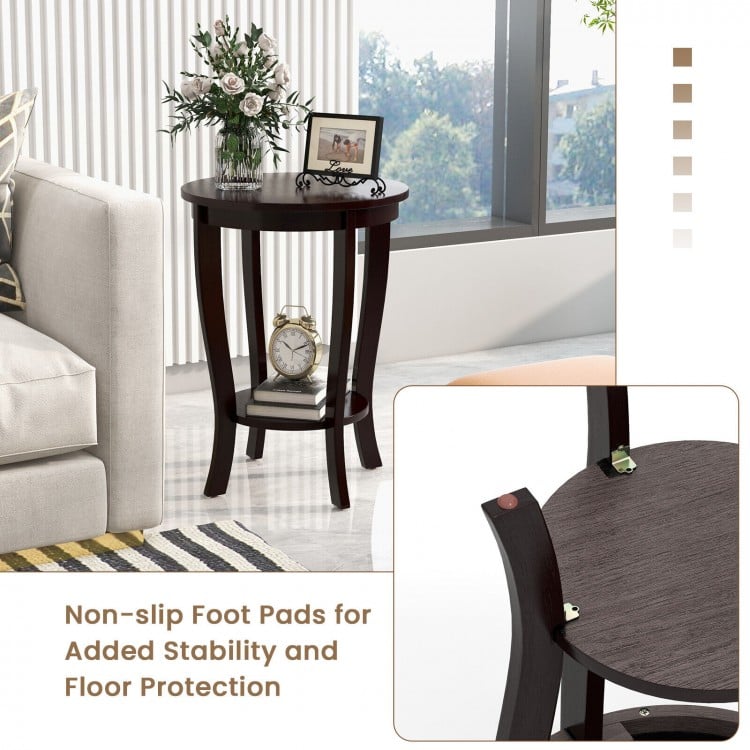 2-tier Round End Table with Solid Wood Legs-Espresso