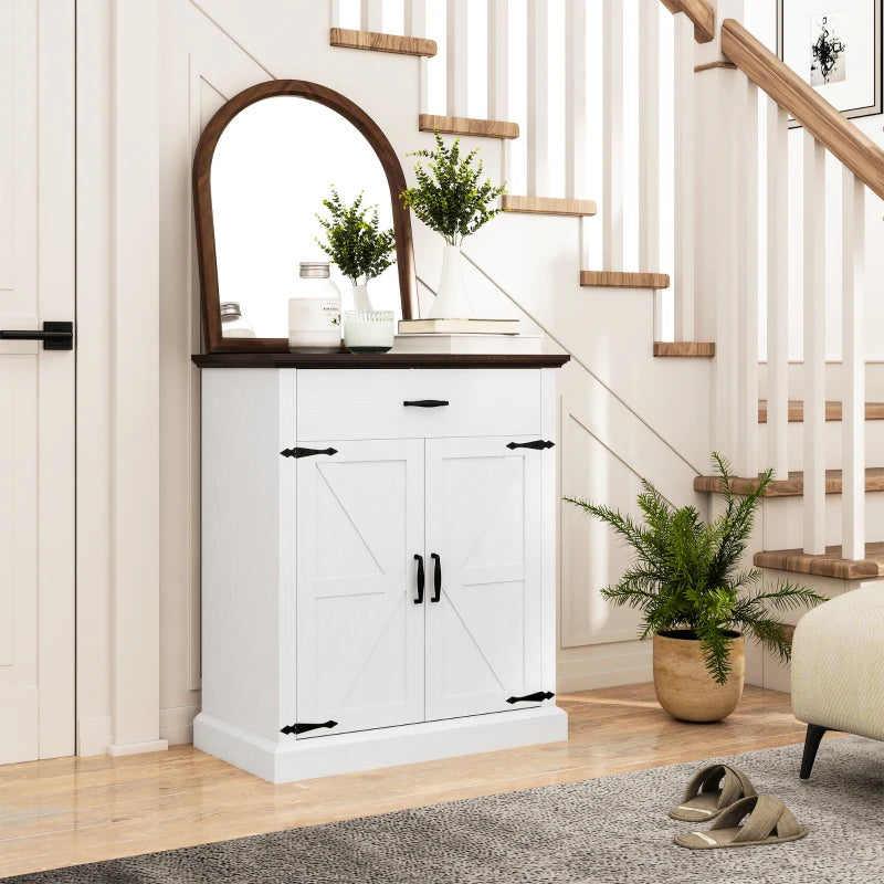 30" Buffet Cabinet, Farmhouse Sideboard with 1.2" Thick Top, 2 Barn Doors, Drawer and Adjustable Shelf, White