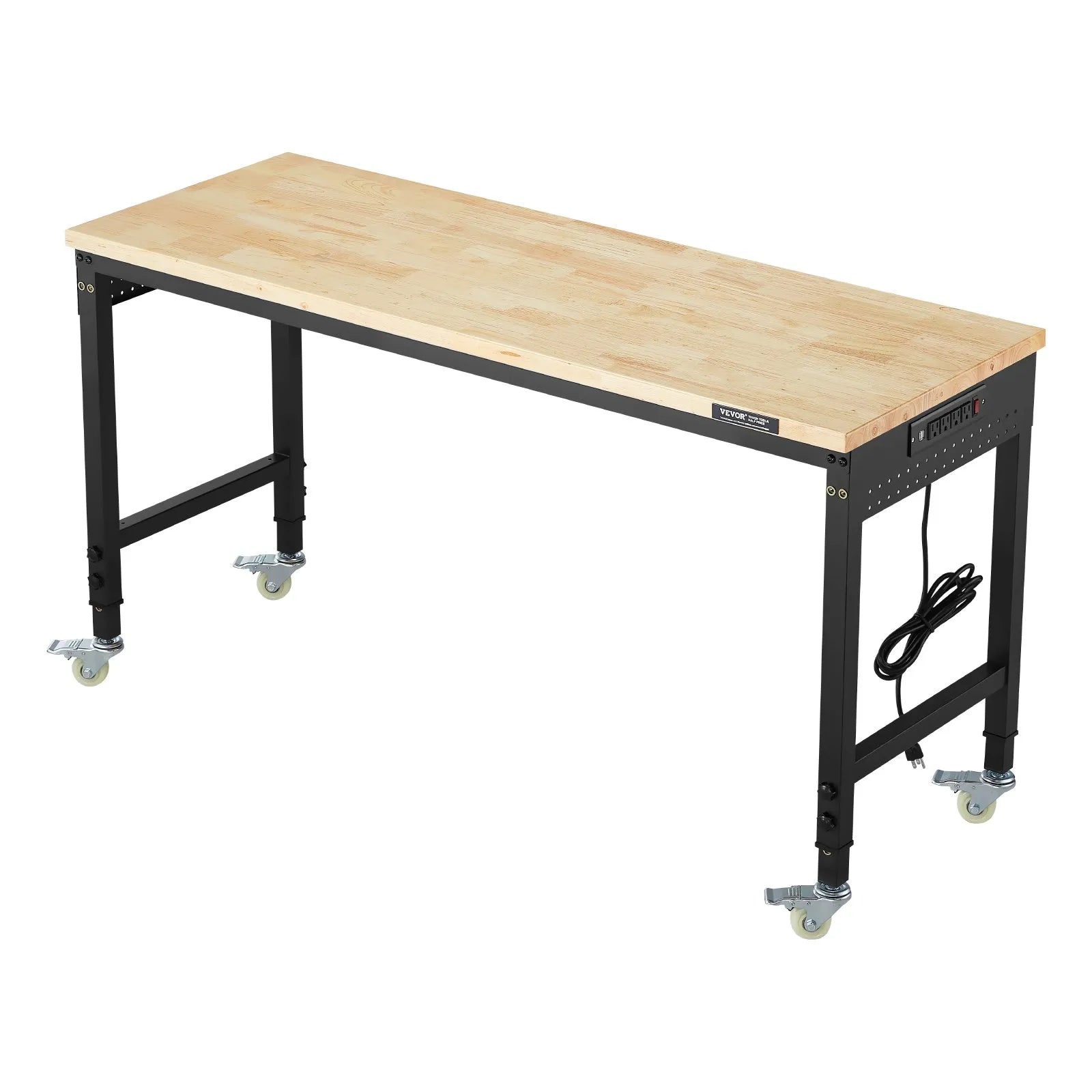 VEVOR 60" Workbench on Wheels Adjustable Height Table with Power Outlet & Pegboard