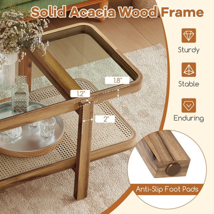 2-Tier Coffee Table with Storage and Tempered Glass Tabletop-Brown
