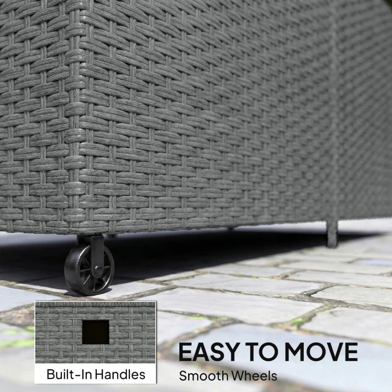 162 Gallon Rattan Deck Box with Wheels, Wicker Outdoor Storage Box with Waterproof Zippered Liner, Safe Pneumatic Rod