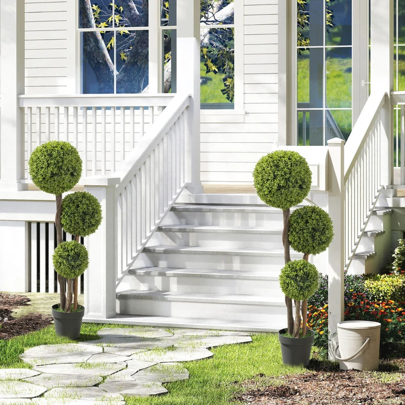 45 Inch Potted Fake Plant Set of 2, Artificial Boxwood Topiary Tree, Triple Ball Tree for Indoor and Outdoor, Green