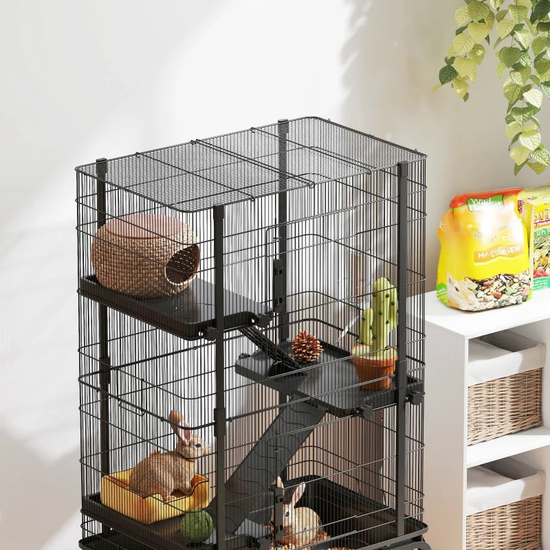 47"H Ferret Cage, Large 4-Tier Guinea Pig Cage with Wheels, Ramps, Bowl, Water Bottle & Removable Tray, Black
