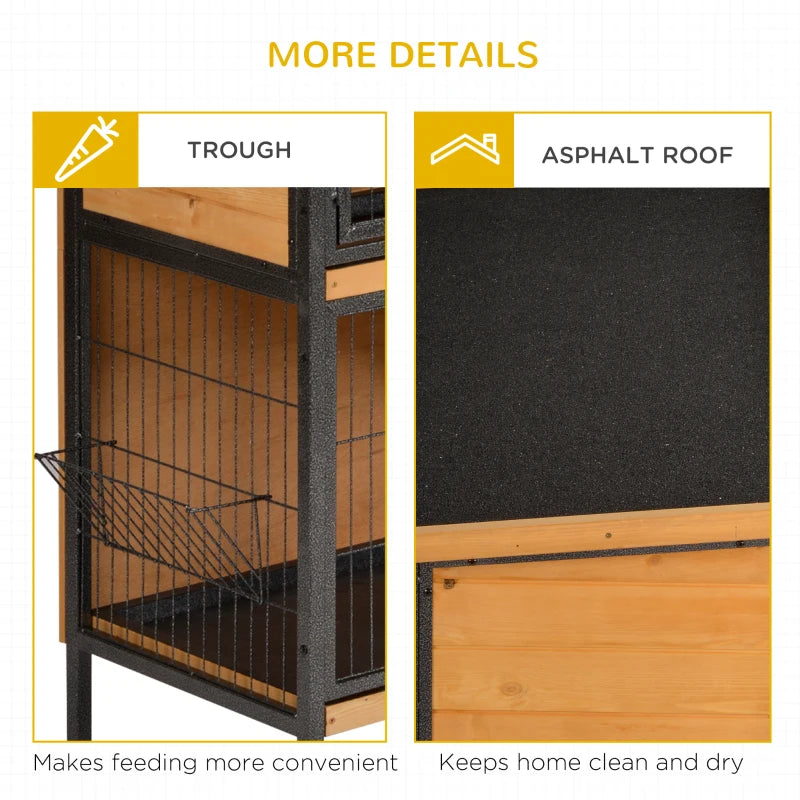 48" 2-Floor Large Rabbit Hutch Wooden Pet House Metal Frame Bunny Cage Small Animal Habitat with Ramp Feeding Trough Lockable Doors Run Area Asphalt Roof for Outdoor Use