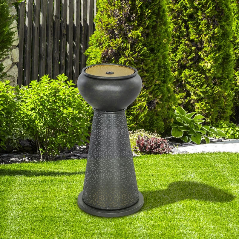 28" Tall Outdoor Water Fountain with LED Lights, Bowl Garden Waterfall Fountain with Adjustable Flow, Outdoor Water Feature with Cut-out Floral Base, Dark Grey and Yellow
