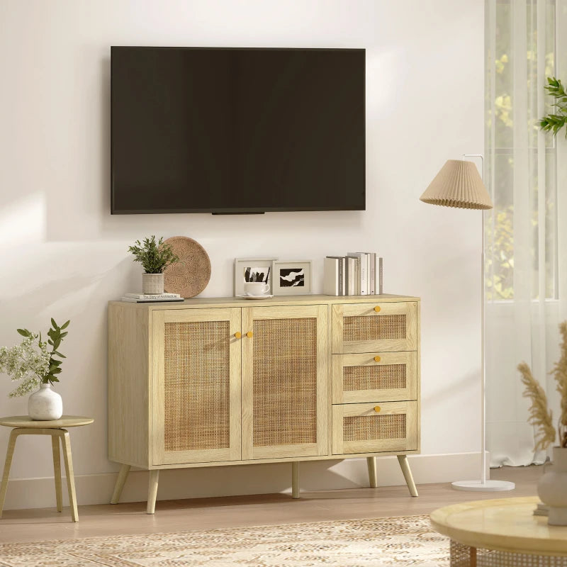 47" Buffet Cabinet with Soft-Close Doors, Rattan Sideboard with Drawers, Adjustable Shelf and Wooden Legs, Natural