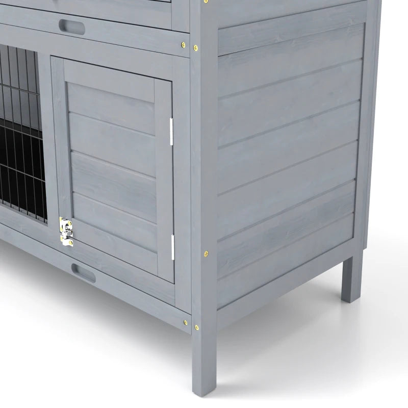 2 Tier Wooden Rabbit Hutch Bunny Pet House Wooden Coop Run, Grey