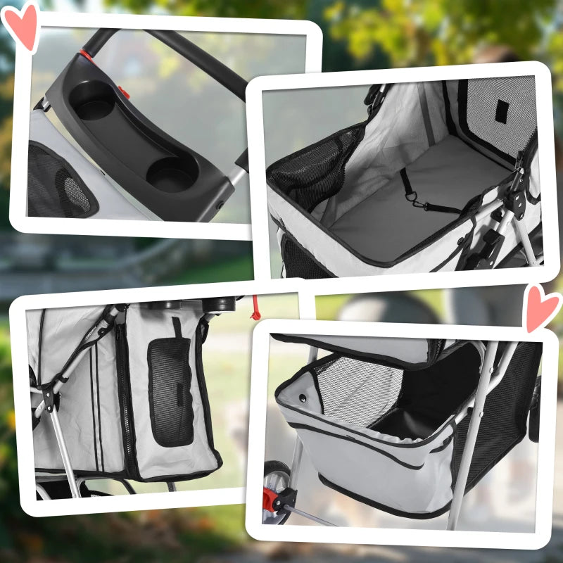 3 Wheels Foldable Dog Stroller with Storage Basket, Adjustable Canopy, Cupholder for Miniature and Small Dogs, Grey