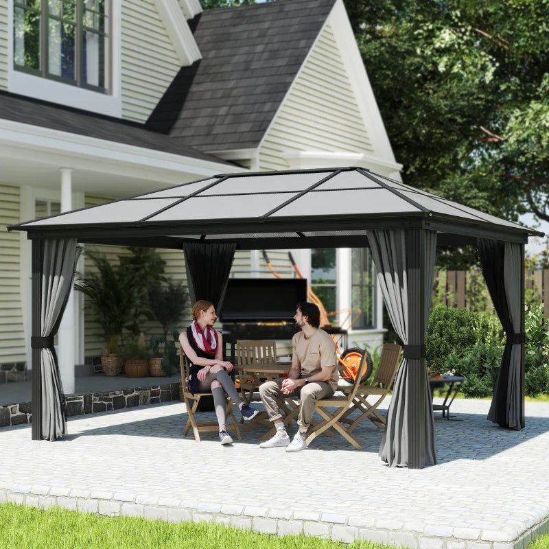 12' x 15' Hardtop Gazebo Canopy with Polycarbonate Roof, Aluminum Frame, Netting, Curtains and Ceiling Hook, Dark Grey