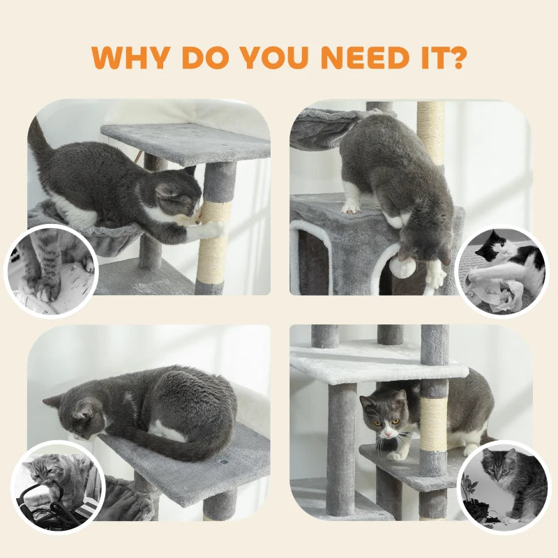 65 Inch Cat Tree with 2 Doors Condos, Plush Top Perch, Hammock, Sisal Scratching Posts, 4 Pompoms, Ramp, Grey