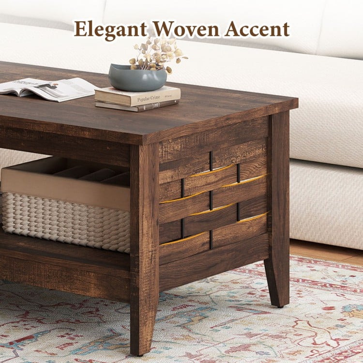 2-Tier Farmhouse Coffee Table with Open Shelf and Woven Decorations for Living Room-Rustic Brown
