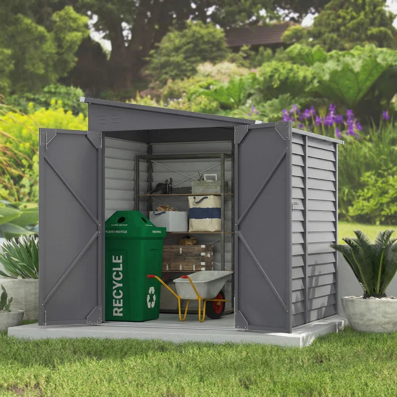 4.6' x 9' Steel Outdoor Storage Shed, Lean to Shed, Metal Tool House with Foundation Kit, Lockable Doors, Gloves and 2 Air Vents for Backyard, Patio, Lawn, Grey