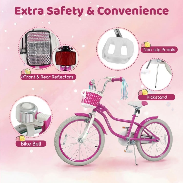 20 Inch Kids Bike Adjustable with Basket and Streamers Rose Red - Princess of the Sea Theme