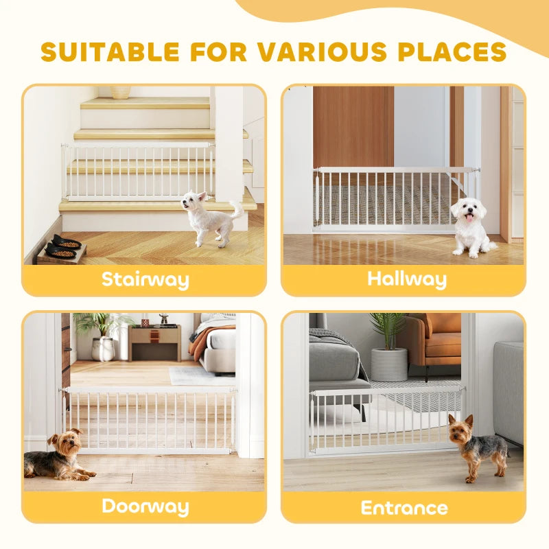 26"-37" Dog Gate, Adjustable Pet Gate, Fits 14" Tall with 2 Extension, Pressure Mount Kit for Stairs and Doorways, White