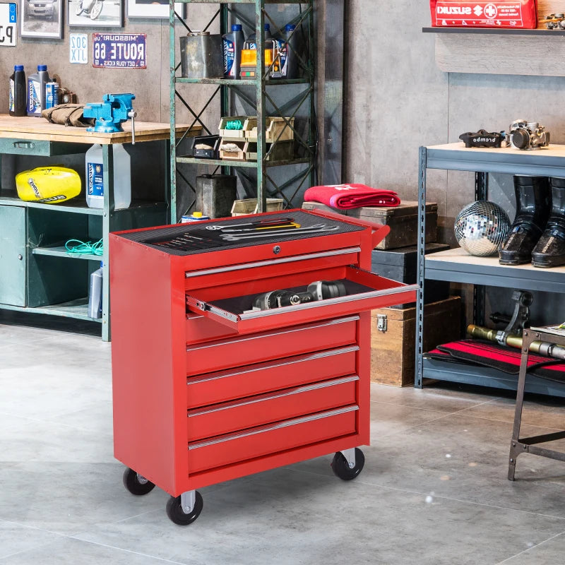 7 Drawer Roller Tool Chest, Mobile Lockable Toolbox, Storage Organizer with Handle for Workshop Mechanics Garage, Red