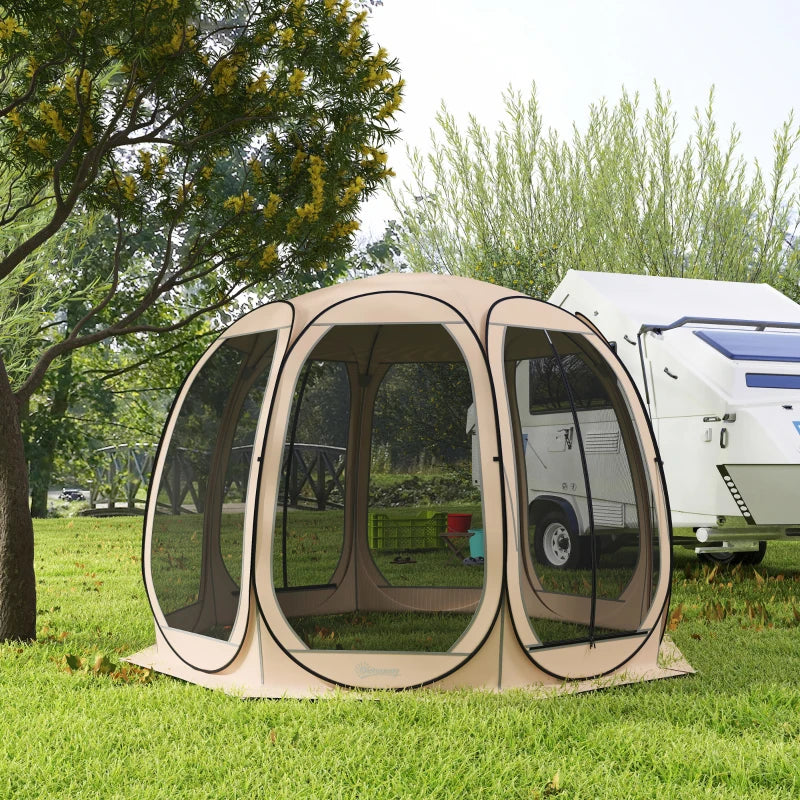11' x 11.5' Screen Tent, Pop Up Camping Gazebo with Portable Carry Bag and 2 Doors, Beige