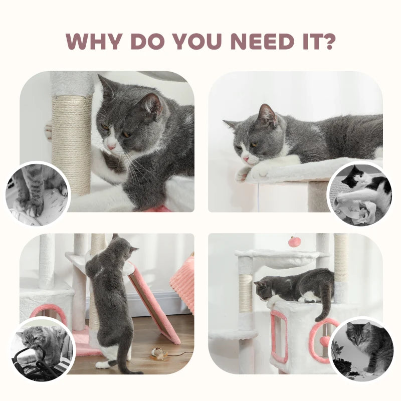 65 Inch Cat Tree with 2 Doors Condos, Plush Top Perch, Hammock, Sisal Scratching Posts, 4 Pompoms, Ramp, White