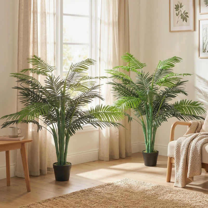 4FT Artificial Palm Tree Set of 2, Fake Tropical Tree with Lifelike Leaves, Faux Plant in Pot for Indoor Decoration, Green