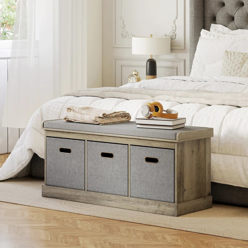 Shoe Storage Bench with Seat, Entryway Bench Seat with Cushion, 3 Fabric Drawers for Hallway, Washed Grey