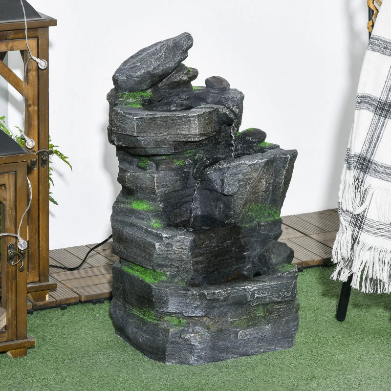 4-Tiered Rock Outdoor Water Fountain with LED Lights, Adjustable Flow, 22.4-inch Resin Waterfall Fountain