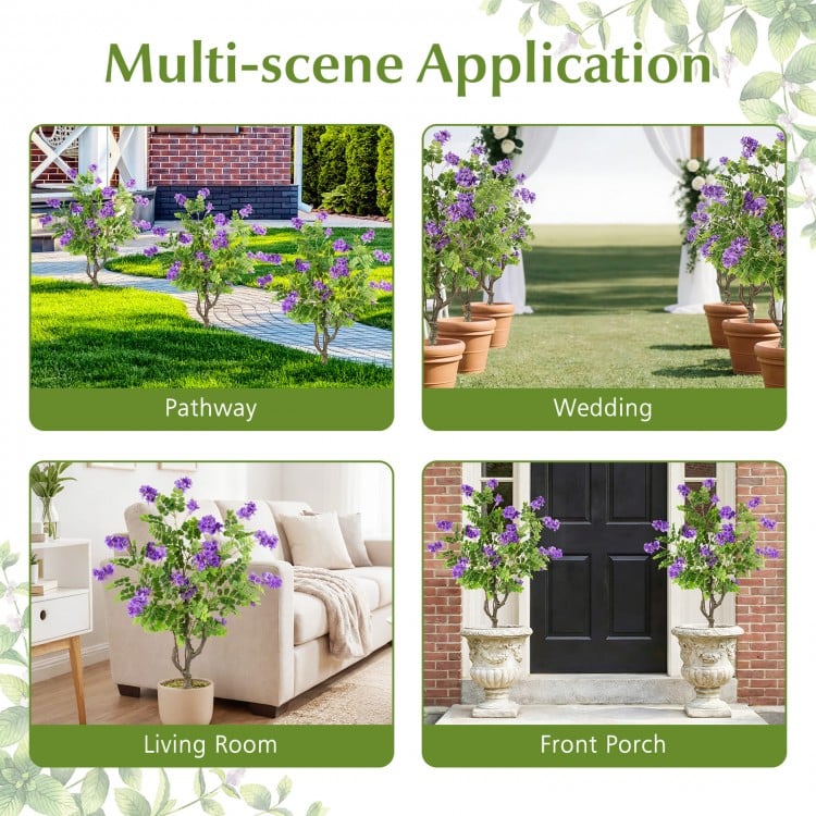 2 Pack Artificial Locust Flower Trees 39 Inch Fake Evergreen Shrubs with Ground Spikes-Purple