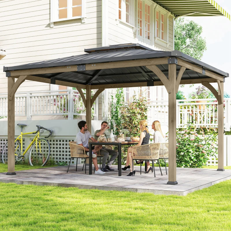 12' x 14' Hardtop Gazebo Canopy with Galvanized Steel Roof, Wood Frame, Double Roof Outdoor Gazebo, Light Walnut