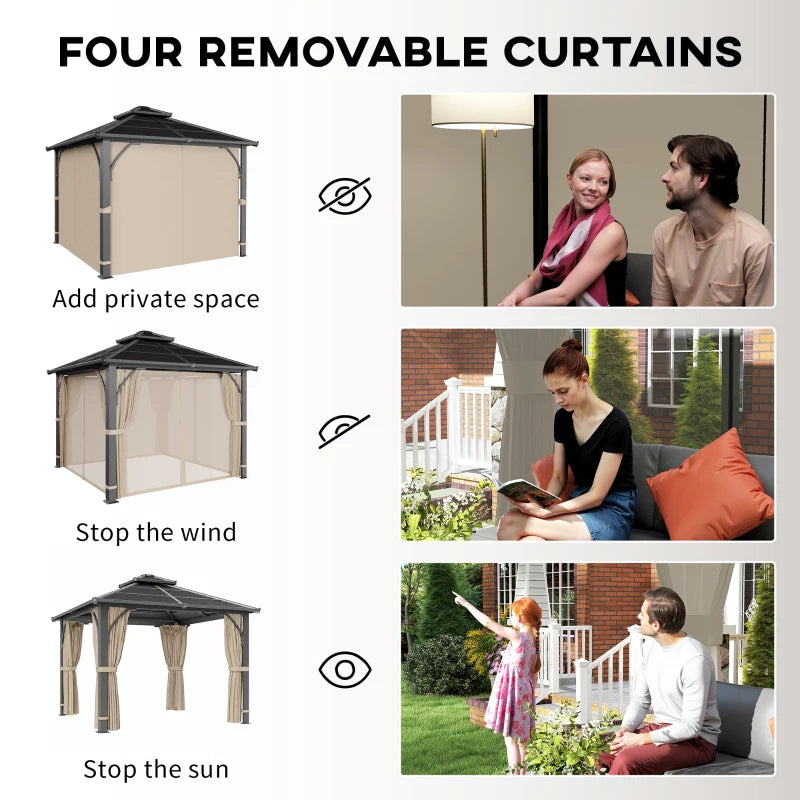 10' x 10' Hardtop Gazebo with 7mm Double Polycarbonate Roof, Outdoor Gazebo with Netting and Curtains, Khaki