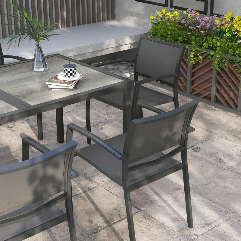 7 Pieces Outdoor Dining Set with 6 Stackable Chairs, Patio Table and Chairs with Plastic Top, Breathable Mesh Seat Back