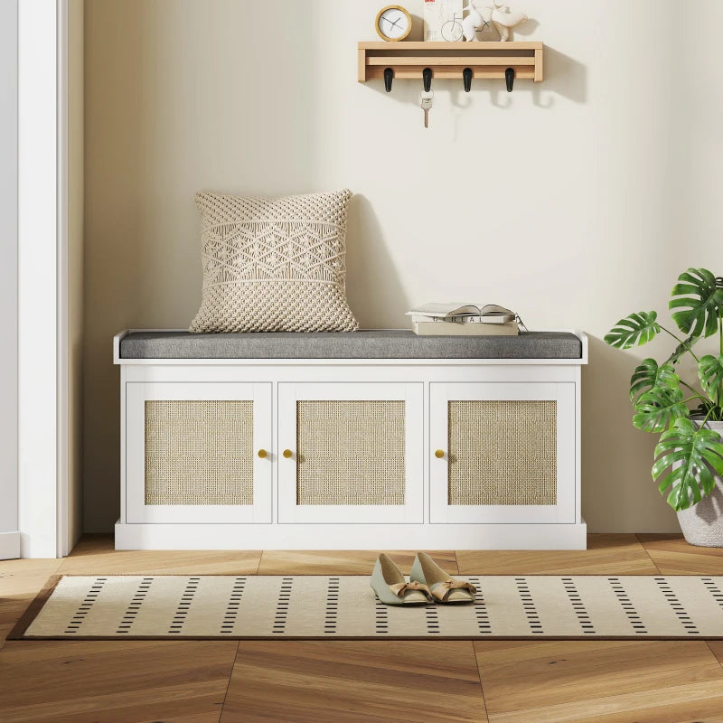 Shoe Storage Bench with Woven Rattan Doors, Shoe Bench with Cushion, Adjustable Shelves, Entryway Bench, White