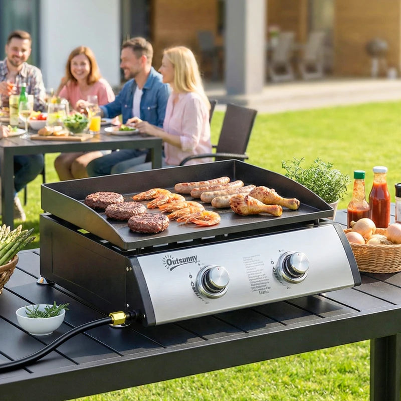 2 Burner Liquefied Gas Grill, Portable Tabletop BBQ Grill, for Camping, Picnic, Silver