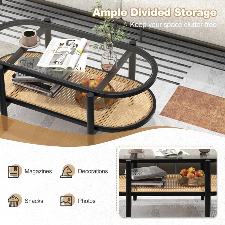 2-Tier Coffee Table with Tempered Glass Tabletop and Acacia Wood Frame-Black