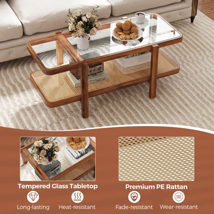 2-Tier Coffee Table with Storage and Tempered Glass Tabletop-Coffee