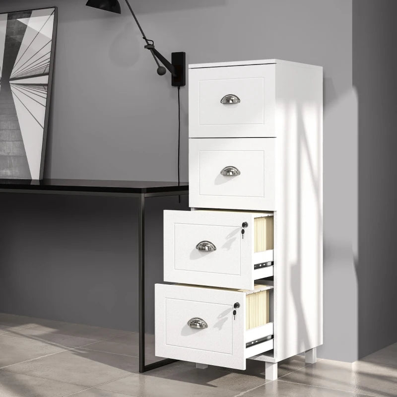 4 Drawer File Cabinet with Lock, Office Filing Cabinet, A4 Letter Size, Hanging File Folders, White