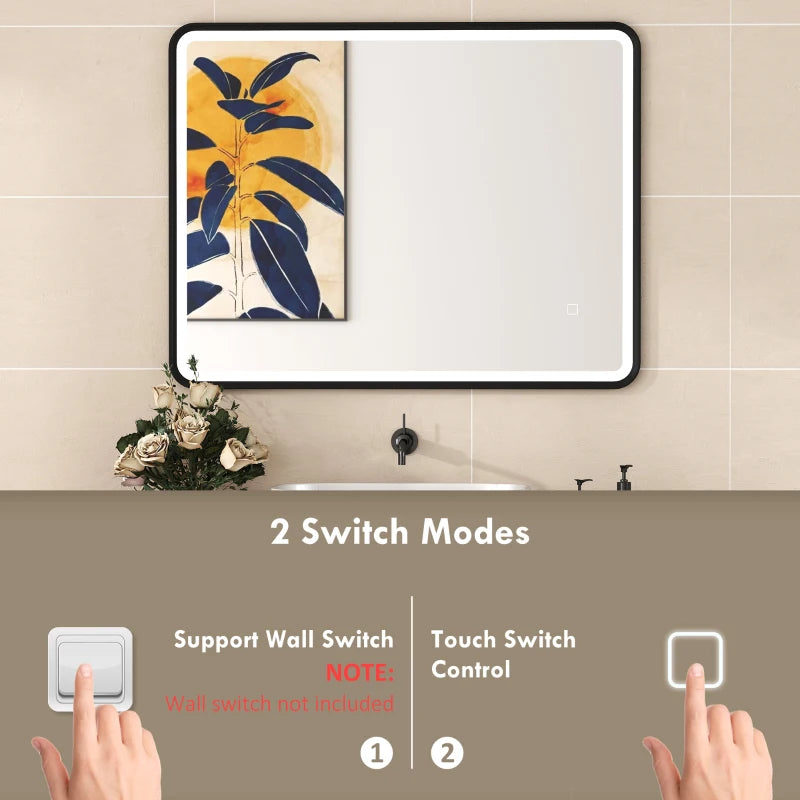 36" x 28" Bath Mirror with LED Lights, Wall Mounted Restroom Mirror, 3 Colours, Dimmable, Horizontal/Vertical, Black