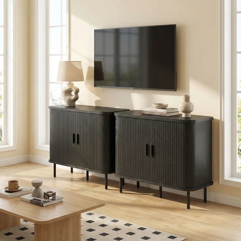 35.4" Sideboard Buffet Cabinet with Storage, Nordic Coffee Bar Cabinet with Slatted Tambour Doors and Metal Legs, Black